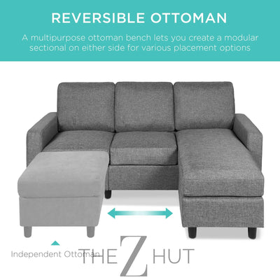 Best Choice Products Upholstered Sectional Sofa for Home, Apartment, Dorm, Bonus Room, Compact Spaces w/Chaise Lounge, 3-Seat, L-Shape Design, Reversible Ottoman Bench, 680lb Capacity - Gray THE Z HUT