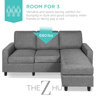 Best Choice Products Upholstered Sectional Sofa for Home, Apartment, Dorm, Bonus Room, Compact Spaces w/Chaise Lounge, 3-Seat, L-Shape Design, Reversible Ottoman Bench, 680lb Capacity - Gray THE Z HUT