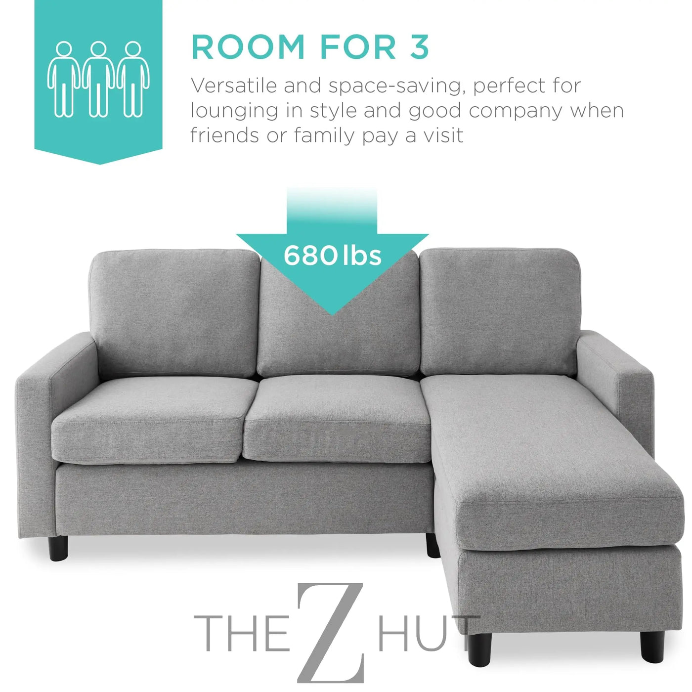 Best Choice Products Upholstered Sectional Sofa for Home, Apartment, Dorm, Bonus Room, Compact Spaces w/Chaise Lounge, 3-Seat, L-Shape Design, Reversible Ottoman Bench, 680lb Capacity - Gray THE Z HUT