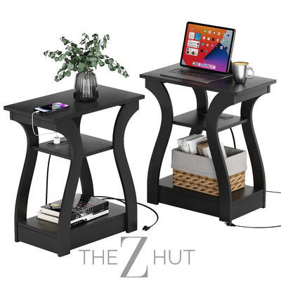 Black End Table Set of 2 with Charging Station, Side Table with USB Ports and Outlets, Black Nightstand, 3 Tier End Table with Storage Shelf for Living Room, Bedroom THE Z HUT