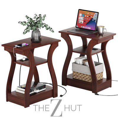 Black End Table Set of 2 with Charging Station, Side Table with USB Ports and Outlets, Black Nightstand, 3 Tier End Table with Storage Shelf for Living Room, Bedroom THE Z HUT