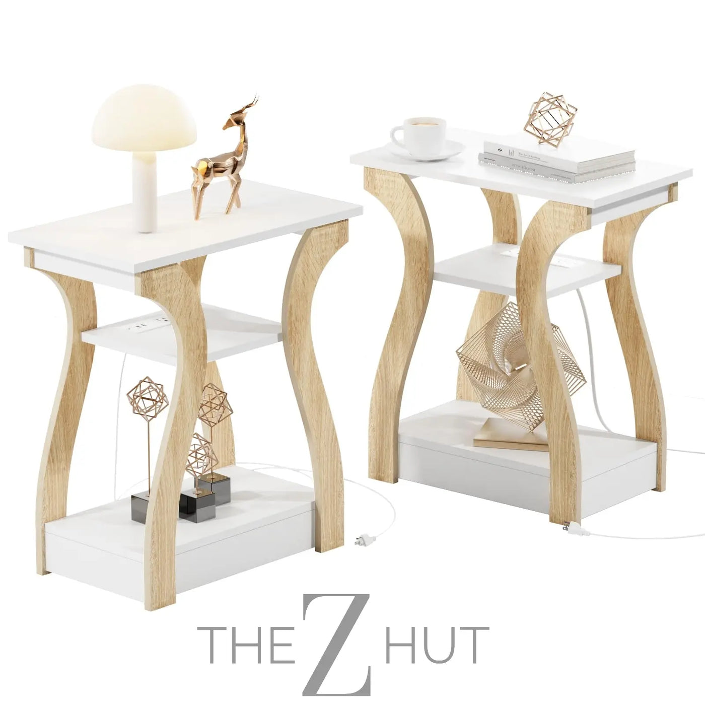 Black End Table Set of 2 with Charging Station, Side Table with USB Ports and Outlets, Black Nightstand, 3 Tier End Table with Storage Shelf for Living Room, Bedroom THE Z HUT