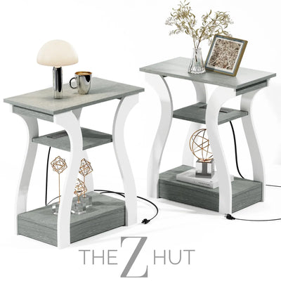 Black End Table Set of 2 with Charging Station, Side Table with USB Ports and Outlets, Black Nightstand, 3 Tier End Table with Storage Shelf for Living Room, Bedroom THE Z HUT