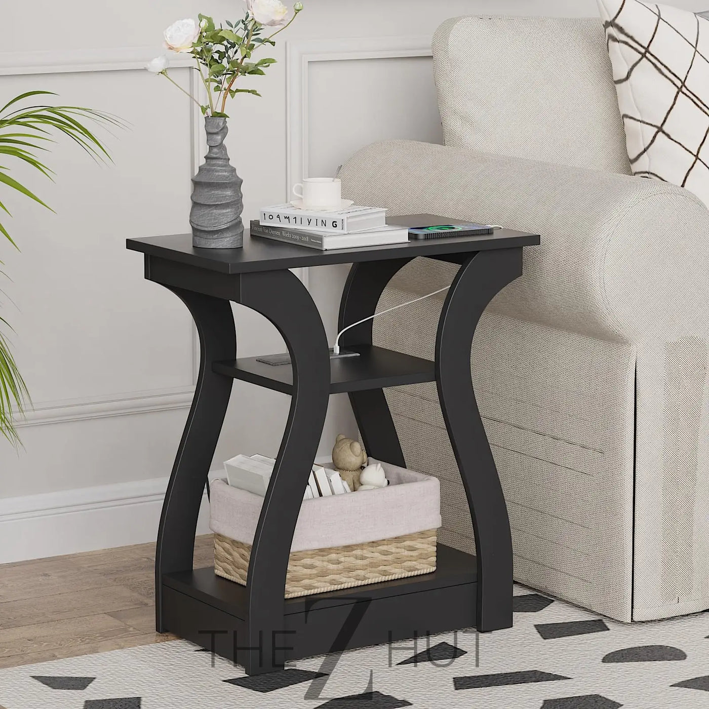 Black End Table Set of 2 with Charging Station, Side Table with USB Ports and Outlets, Black Nightstand, 3 Tier End Table with Storage Shelf for Living Room, Bedroom THE Z HUT