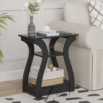 Black End Table Set of 2 with Charging Station, Side Table with USB Ports and Outlets, Black Nightstand, 3 Tier End Table with Storage Shelf for Living Room, Bedroom THE Z HUT