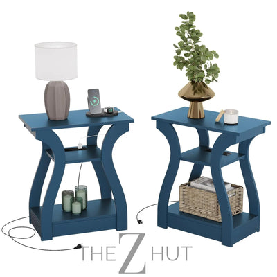 Black End Table Set of 2 with Charging Station, Side Table with USB Ports and Outlets, Black Nightstand, 3 Tier End Table with Storage Shelf for Living Room, Bedroom THE Z HUT