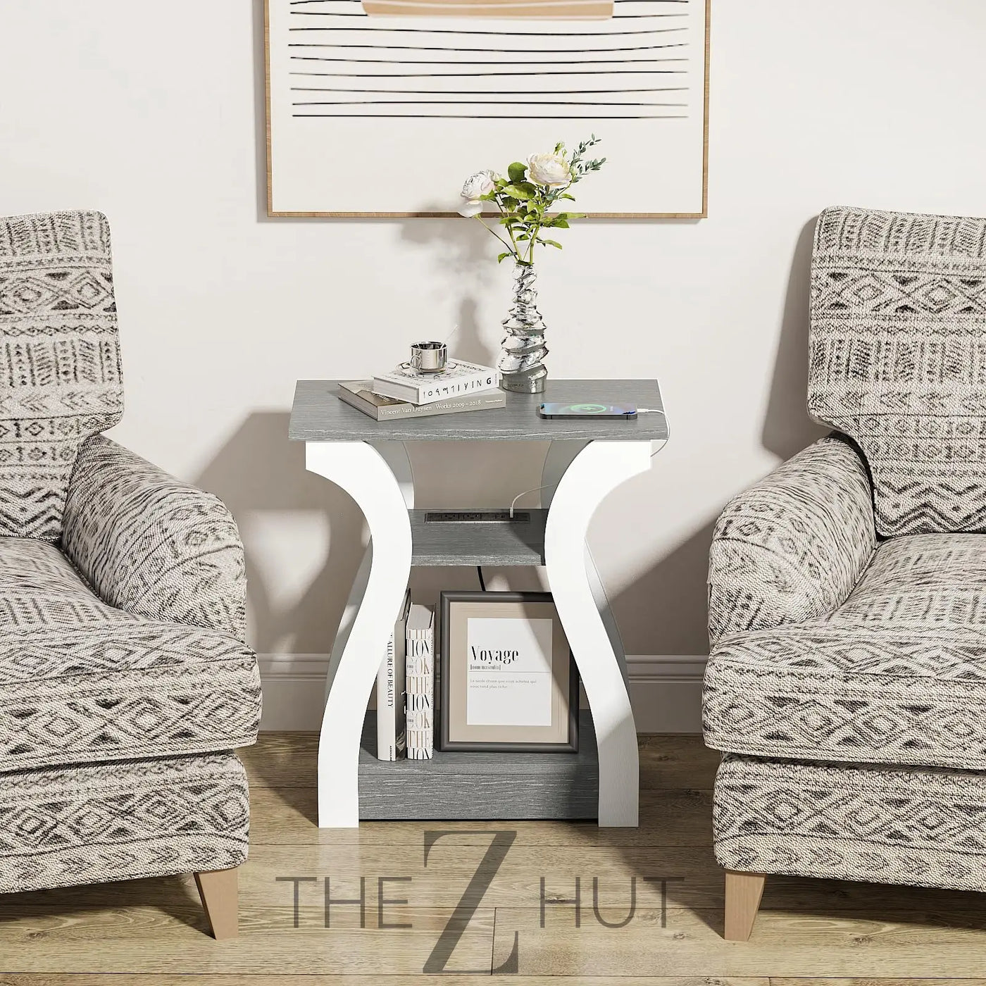 Black End Table Set of 2 with Charging Station, Side Table with USB Ports and Outlets, Black Nightstand, 3 Tier End Table with Storage Shelf for Living Room, Bedroom THE Z HUT