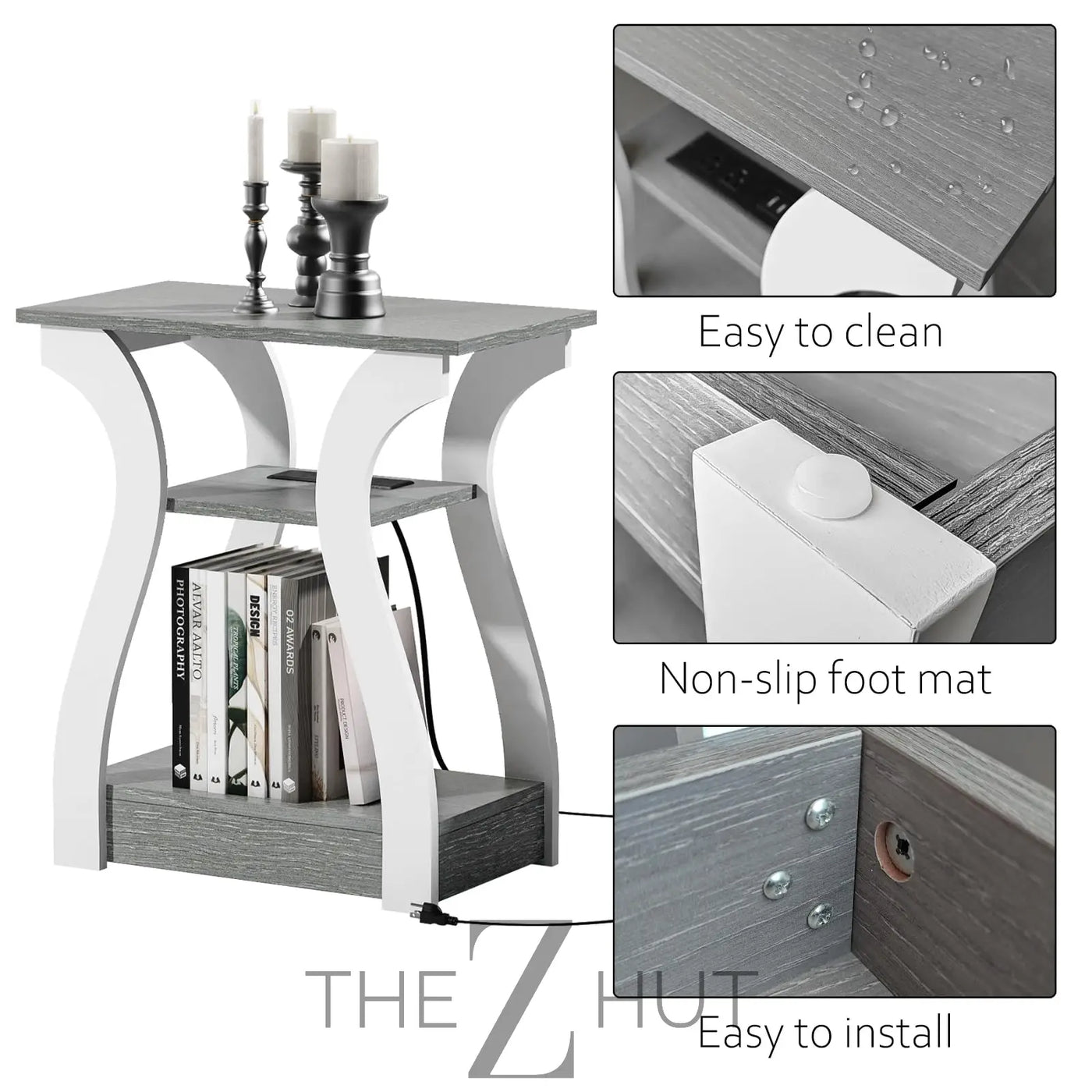 Black End Table Set of 2 with Charging Station, Side Table with USB Ports and Outlets, Black Nightstand, 3 Tier End Table with Storage Shelf for Living Room, Bedroom THE Z HUT