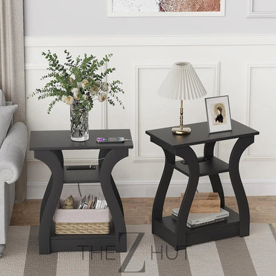 Black End Table Set of 2 with Charging Station, Side Table with USB Ports and Outlets, Black Nightstand, 3 Tier End Table with Storage Shelf for Living Room, Bedroom THE Z HUT