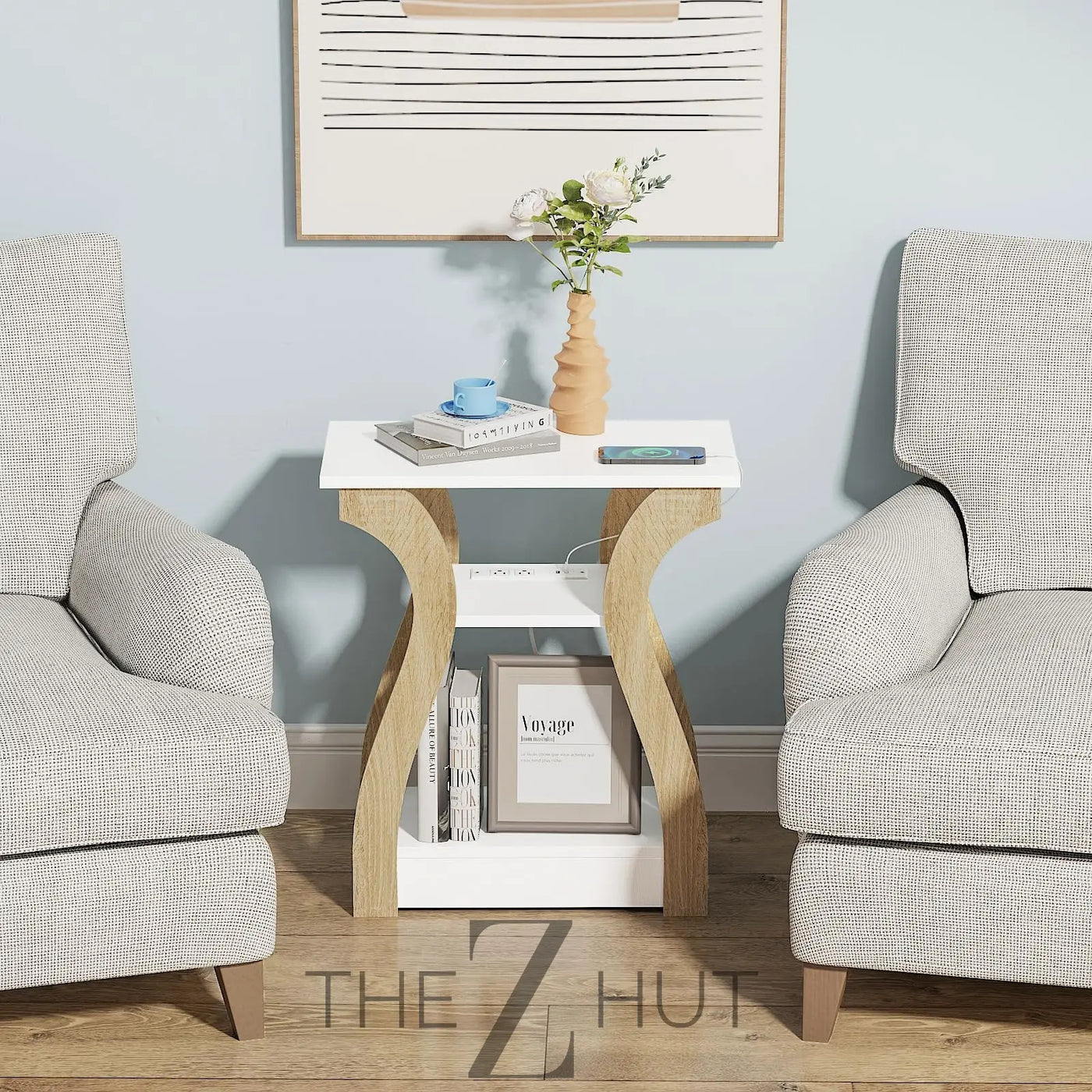 Black End Table Set of 2 with Charging Station, Side Table with USB Ports and Outlets, Black Nightstand, 3 Tier End Table with Storage Shelf for Living Room, Bedroom THE Z HUT