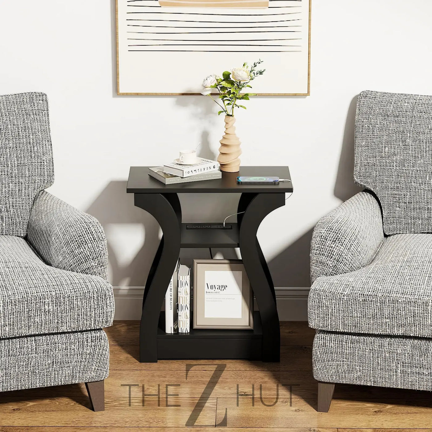 Black End Table Set of 2 with Charging Station, Side Table with USB Ports and Outlets, Black Nightstand, 3 Tier End Table with Storage Shelf for Living Room, Bedroom THE Z HUT