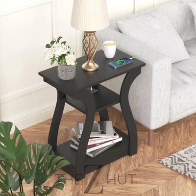 Black End Table Set of 2 with Charging Station, Side Table with USB Ports and Outlets, Black Nightstand, 3 Tier End Table with Storage Shelf for Living Room, Bedroom THE Z HUT