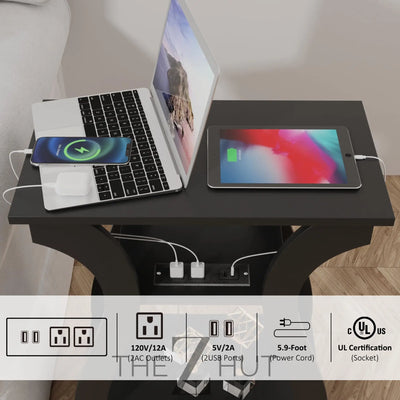 Black End Table Set of 2 with Charging Station, Side Table with USB Ports and Outlets, Black Nightstand, 3 Tier End Table with Storage Shelf for Living Room, Bedroom THE Z HUT