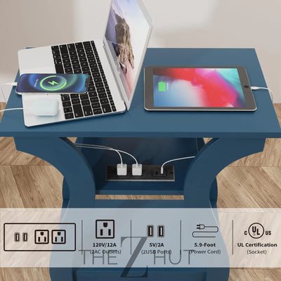 Black End Table Set of 2 with Charging Station, Side Table with USB Ports and Outlets, Black Nightstand, 3 Tier End Table with Storage Shelf for Living Room, Bedroom THE Z HUT