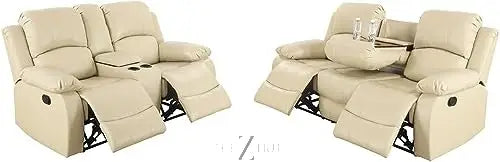 Bonded Leather 3-Piece Sofa Set, Blue, Manual Recline, Loveseat, Storage, Coffee Table, Artificial Leather, Living Room THE Z HUT