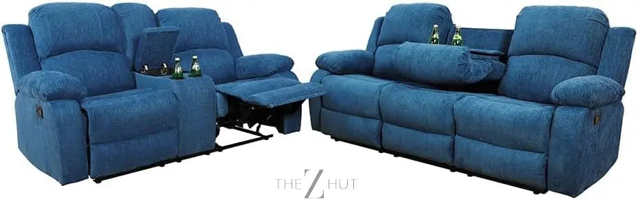 Bonded Leather 3-Piece Sofa Set, Blue, Manual Recline, Loveseat, Storage, Coffee Table, Artificial Leather, Living Room THE Z HUT