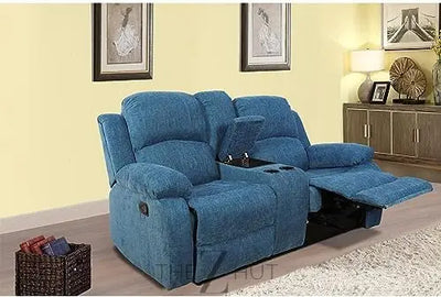 Bonded Leather 3-Piece Sofa Set, Blue, Manual Recline, Loveseat, Storage, Coffee Table, Artificial Leather, Living Room THE Z HUT