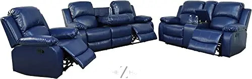 Bonded Leather 3-Piece Sofa Set, Blue, Manual Recline, Loveseat, Storage, Coffee Table, Artificial Leather, Living Room THE Z HUT
