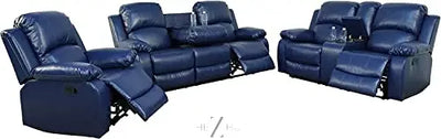 Bonded Leather 3-Piece Sofa Set, Blue, Manual Recline, Loveseat, Storage, Coffee Table, Artificial Leather, Living Room THE Z HUT