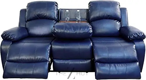 Bonded Leather 3-Piece Sofa Set, Blue, Manual Recline, Loveseat, Storage, Coffee Table, Artificial Leather, Living Room THE Z HUT