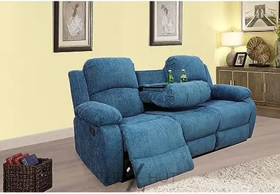 Bonded Leather 3-Piece Sofa Set, Blue, Manual Recline, Loveseat, Storage, Coffee Table, Artificial Leather, Living Room THE Z HUT