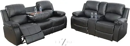 Bonded Leather 3-Piece Sofa Set, Blue, Manual Recline, Loveseat, Storage, Coffee Table, Artificial Leather, Living Room THE Z HUT