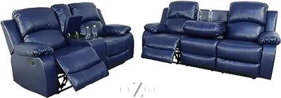 Bonded Leather 3-Piece Sofa Set, Blue, Manual Recline, Loveseat, Storage, Coffee Table, Artificial Leather, Living Room THE Z HUT