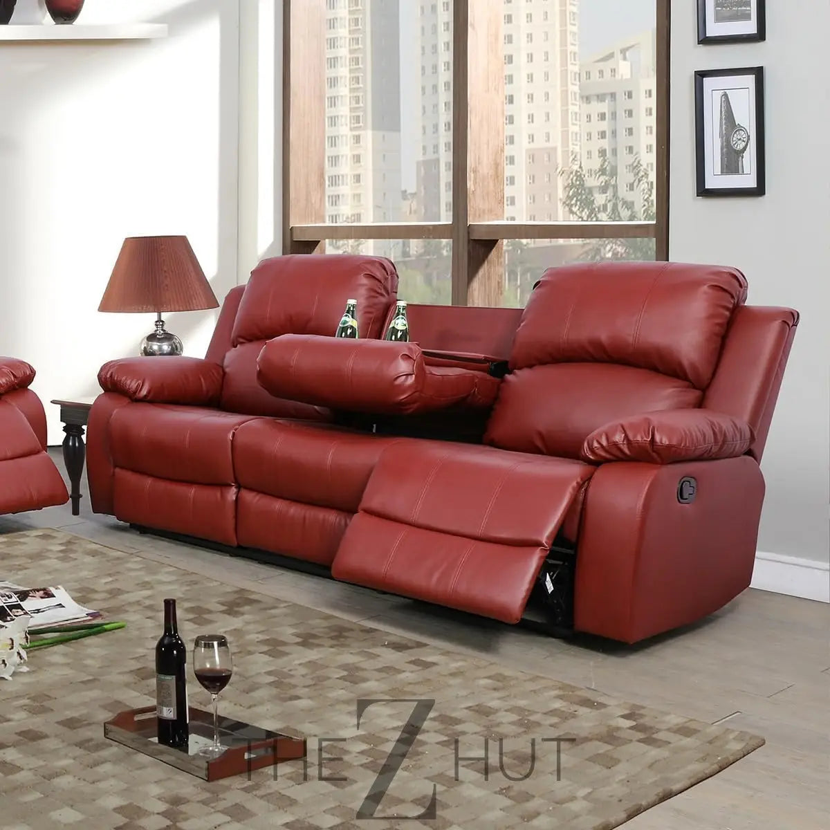 Bonded Leather 3-Piece Sofa Set, Blue, Manual Recline, Loveseat, Storage, Coffee Table, Artificial Leather, Living Room THE Z HUT