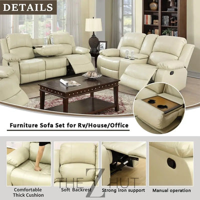 Bonded Leather 3-Piece Sofa Set, Blue, Manual Recline, Loveseat, Storage, Coffee Table, Artificial Leather, Living Room THE Z HUT