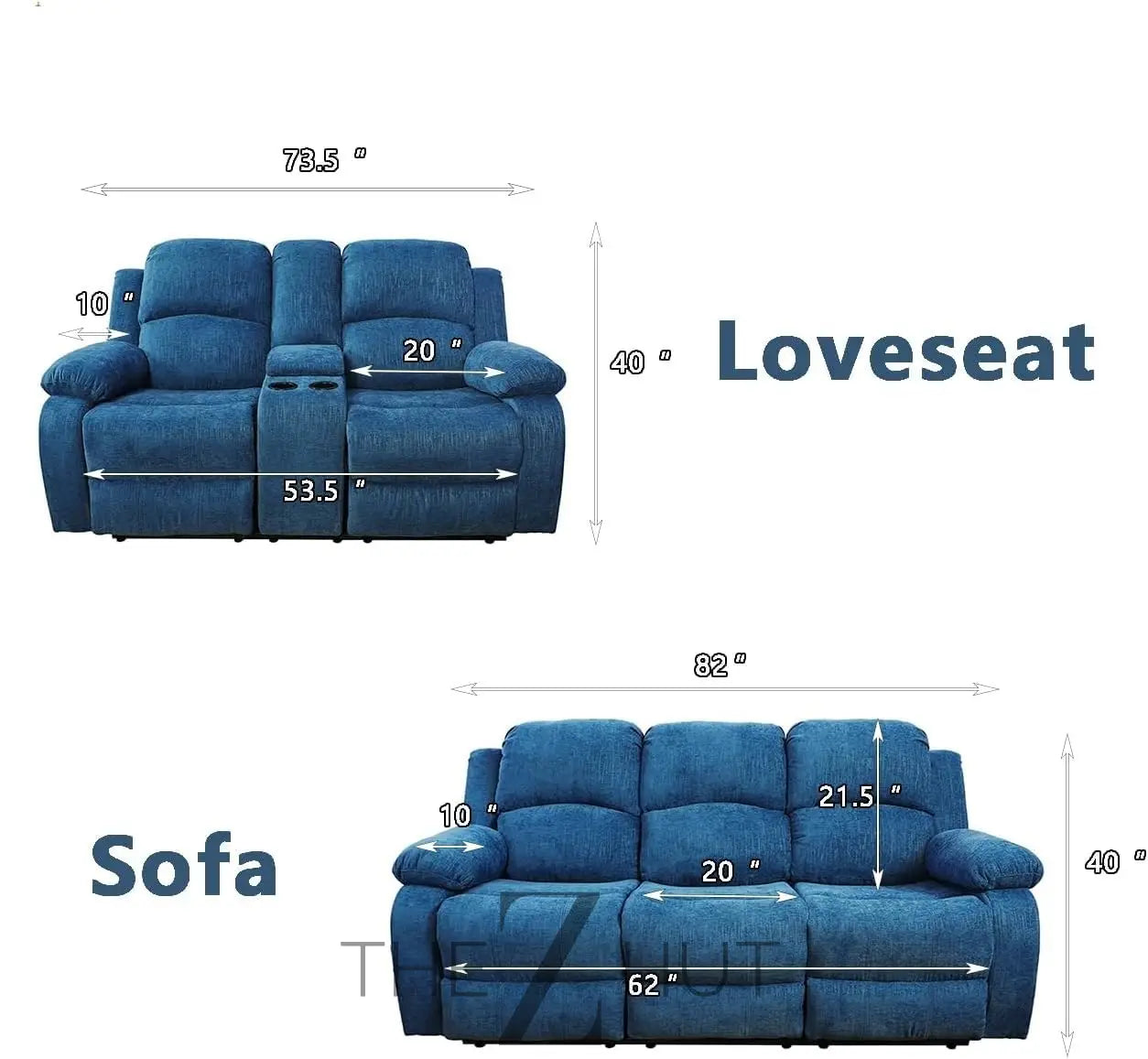 Bonded Leather 3-Piece Sofa Set, Blue, Manual Recline, Loveseat, Storage, Coffee Table, Artificial Leather, Living Room THE Z HUT