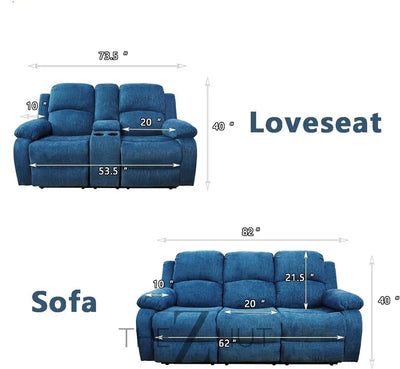 Bonded Leather 3-Piece Sofa Set, Blue, Manual Recline, Loveseat, Storage, Coffee Table, Artificial Leather, Living Room THE Z HUT