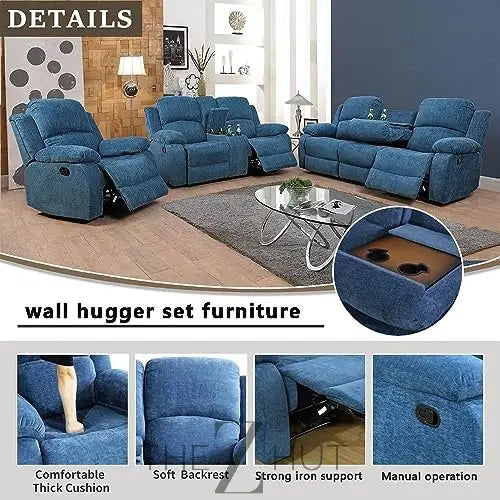 Bonded Leather 3-Piece Sofa Set, Blue, Manual Recline, Loveseat, Storage, Coffee Table, Artificial Leather, Living Room THE Z HUT
