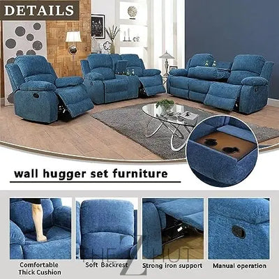 Bonded Leather 3-Piece Sofa Set, Blue, Manual Recline, Loveseat, Storage, Coffee Table, Artificial Leather, Living Room THE Z HUT
