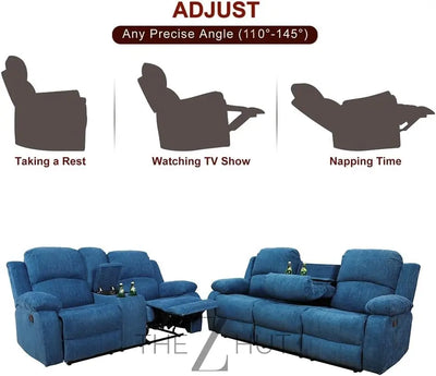 Bonded Leather 3-Piece Sofa Set, Blue, Manual Recline, Loveseat, Storage, Coffee Table, Artificial Leather, Living Room THE Z HUT