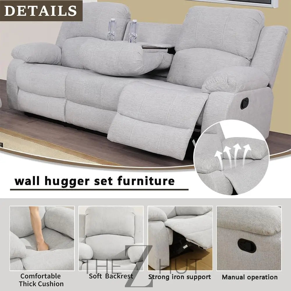 Bonded Leather 3-Piece Sofa Set, Blue, Manual Recline, Loveseat, Storage, Coffee Table, Artificial Leather, Living Room THE Z HUT