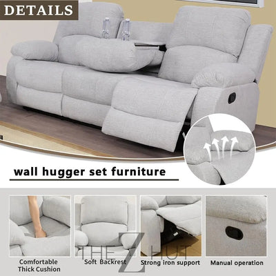 Bonded Leather 3-Piece Sofa Set, Blue, Manual Recline, Loveseat, Storage, Coffee Table, Artificial Leather, Living Room THE Z HUT