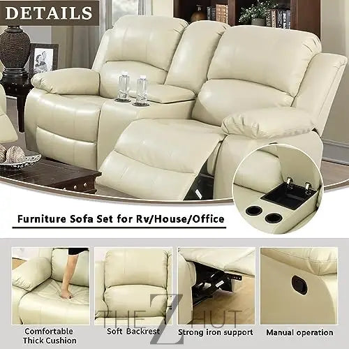 Bonded Leather 3-Piece Sofa Set, Blue, Manual Recline, Loveseat, Storage, Coffee Table, Artificial Leather, Living Room THE Z HUT
