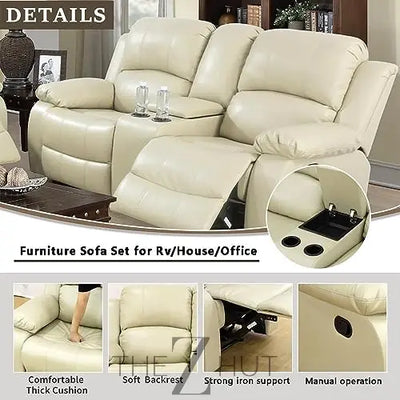 Bonded Leather 3-Piece Sofa Set, Blue, Manual Recline, Loveseat, Storage, Coffee Table, Artificial Leather, Living Room THE Z HUT