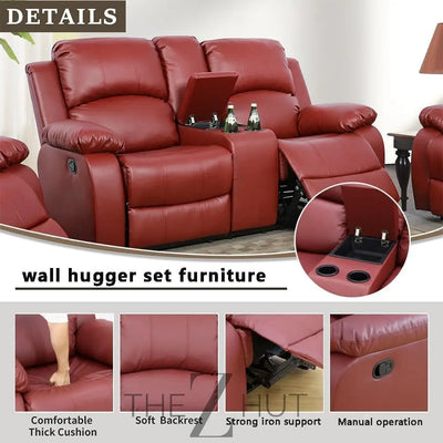 Bonded Leather 3-Piece Sofa Set, Blue, Manual Recline, Loveseat, Storage, Coffee Table, Artificial Leather, Living Room THE Z HUT