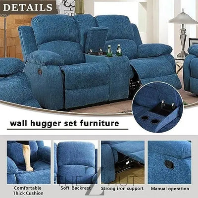 Bonded Leather 3-Piece Sofa Set, Blue, Manual Recline, Loveseat, Storage, Coffee Table, Artificial Leather, Living Room THE Z HUT