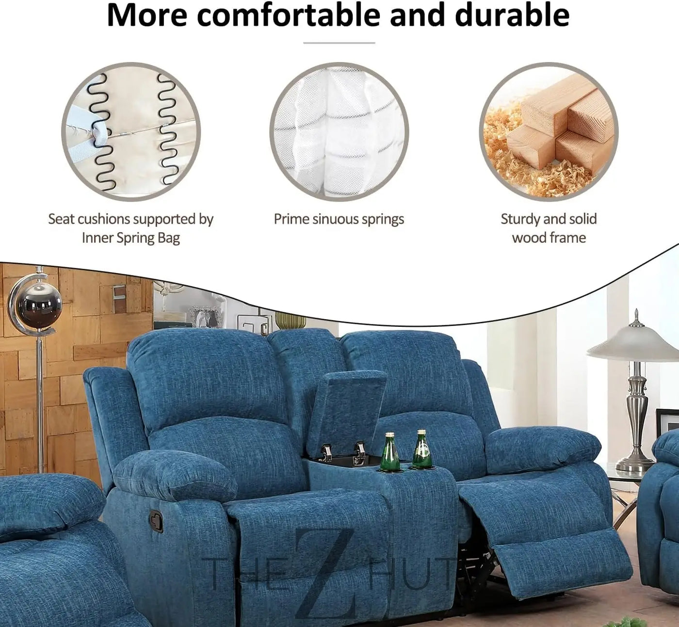 Bonded Leather 3-Piece Sofa Set, Blue, Manual Recline, Loveseat, Storage, Coffee Table, Artificial Leather, Living Room THE Z HUT