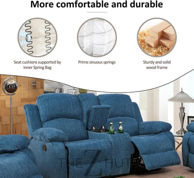 Bonded Leather 3-Piece Sofa Set, Blue, Manual Recline, Loveseat, Storage, Coffee Table, Artificial Leather, Living Room THE Z HUT