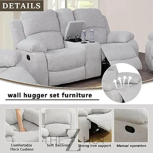 Bonded Leather 3-Piece Sofa Set, Blue, Manual Recline, Loveseat, Storage, Coffee Table, Artificial Leather, Living Room THE Z HUT