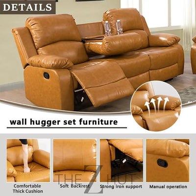 Bonded Leather 3-Piece Sofa Set, Blue, Manual Recline, Loveseat, Storage, Coffee Table, Artificial Leather, Living Room THE Z HUT