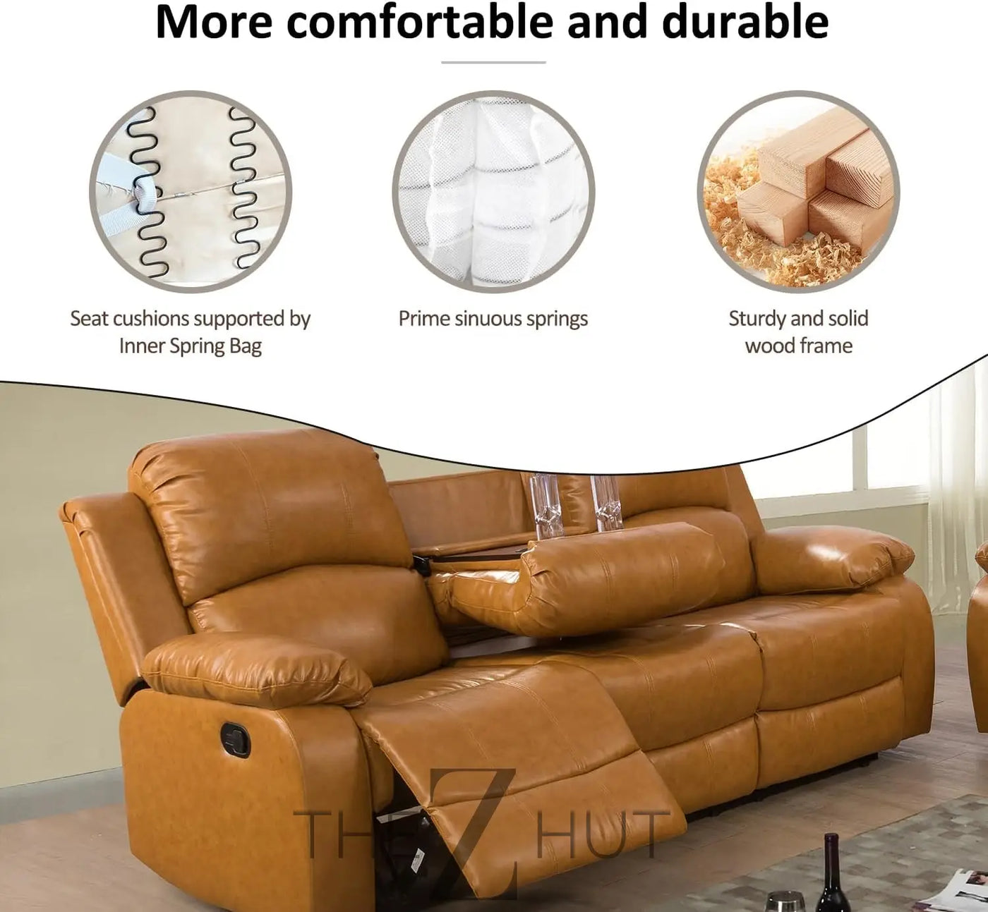 Bonded Leather 3-Piece Sofa Set, Blue, Manual Recline, Loveseat, Storage, Coffee Table, Artificial Leather, Living Room THE Z HUT