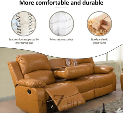 Bonded Leather 3-Piece Sofa Set, Blue, Manual Recline, Loveseat, Storage, Coffee Table, Artificial Leather, Living Room THE Z HUT