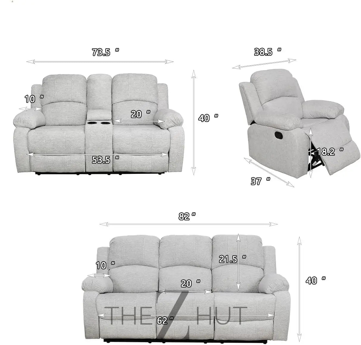 Bonded Leather 3-Piece Sofa Set, Blue, Manual Recline, Loveseat, Storage, Coffee Table, Artificial Leather, Living Room THE Z HUT