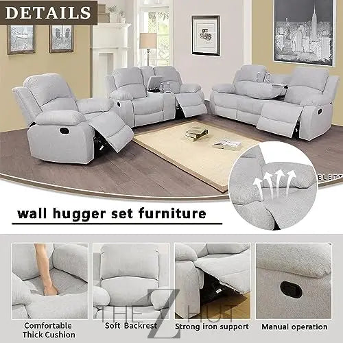 Bonded Leather 3-Piece Sofa Set, Blue, Manual Recline, Loveseat, Storage, Coffee Table, Artificial Leather, Living Room THE Z HUT