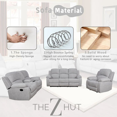 Bonded Leather 3-Piece Sofa Set, Blue, Manual Recline, Loveseat, Storage, Coffee Table, Artificial Leather, Living Room THE Z HUT