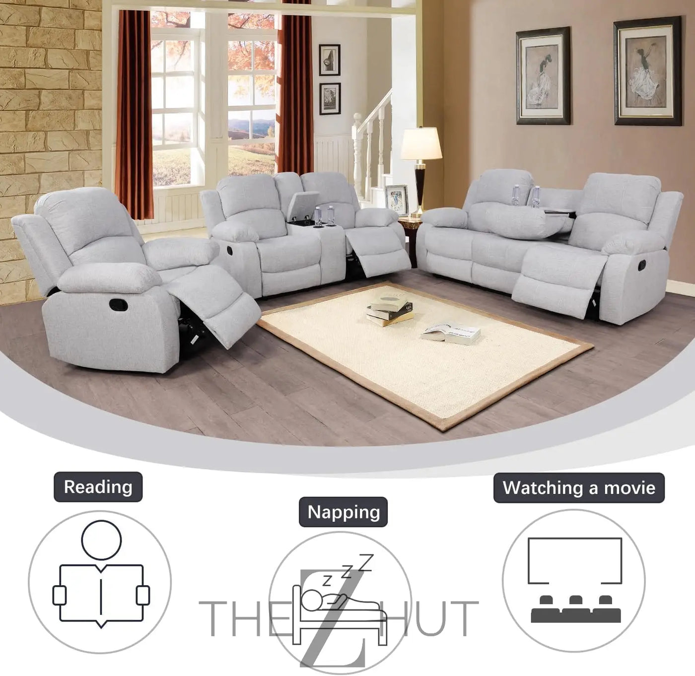 Bonded Leather 3-Piece Sofa Set, Blue, Manual Recline, Loveseat, Storage, Coffee Table, Artificial Leather, Living Room THE Z HUT